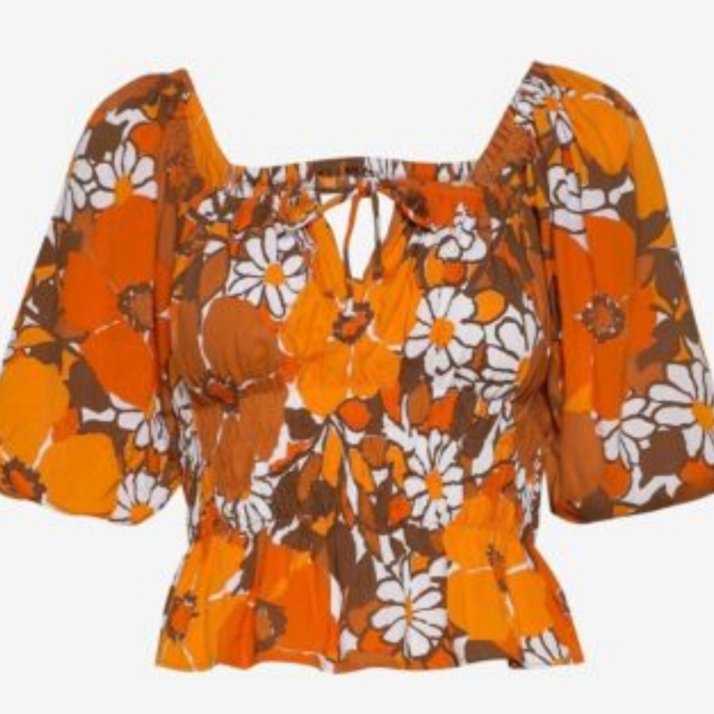 FAITHFULL THE BRAND | REVOLVE Liberia Crêpe Top sMedium orange 70s floral print - Picture 4 of 5